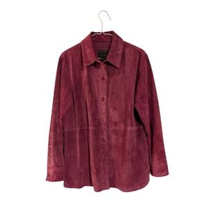 Brandon Thomas Suede Leather Jacket Womens Large Burgundy Button Front Coat